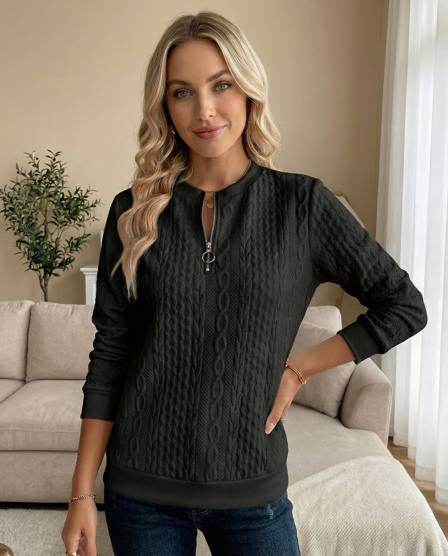Sudadera con cremallera y textura: elegante y cómoda
