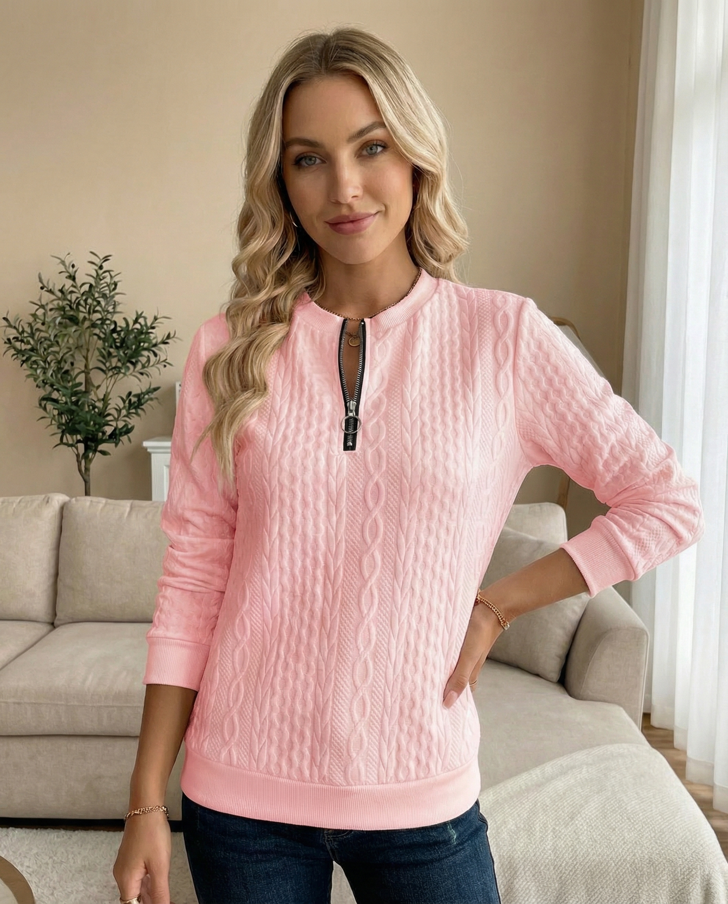 Sudadera con cremallera y textura: elegante y cómoda